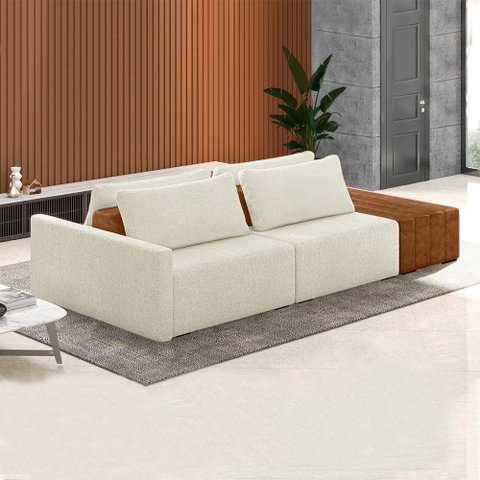 Sofá Ilha Modulado Milos 252cm Puff Lateral Offwhite Caramelo Manchado Bouclê/pu G33 - Gran Belo