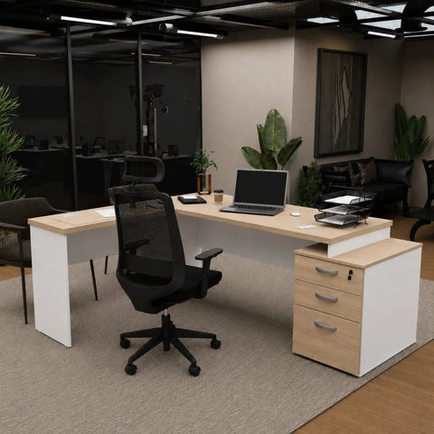 Conjunto 2 Peças Mesa em L com 3 Gavetas e Cadeira Ergonômica 190cm Dubai Branco