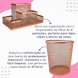 Lixeira e Kit Organizador de Mesa Rose Gold Escritório - 3