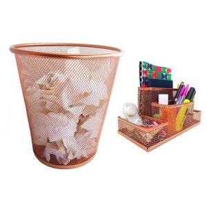 Lixeira e Kit Organizador de Mesa Rose Gold Escritório
