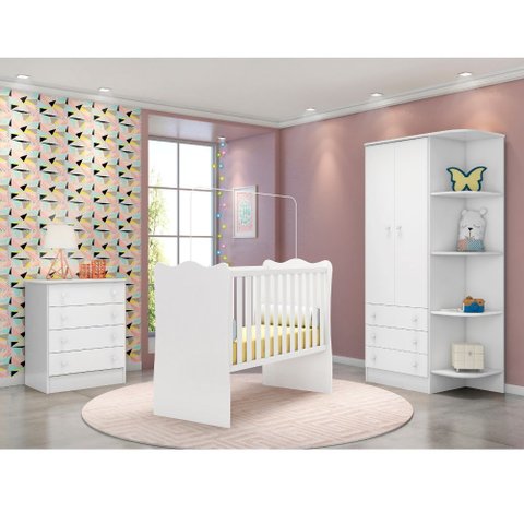 Jogo de Quarto Infantil Completo Ternura com Berço Simples Branco - Bela Móveis