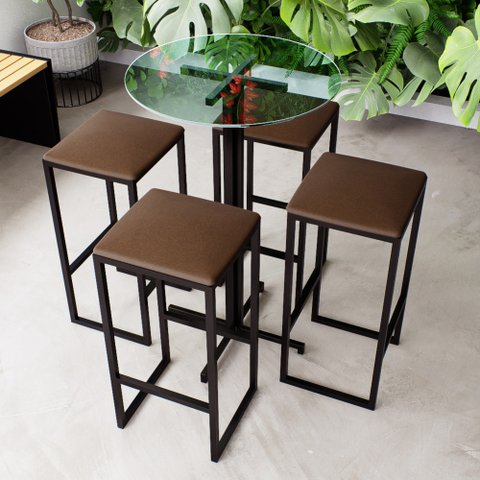 Conjunto Mesa Alta Bar Bistrô Redonda Vidro 4 Bancos Estofado Don Castro Decor