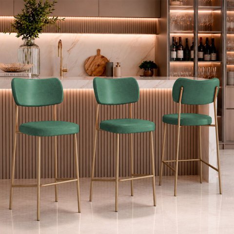 Kit 3 Banquetas Baixa Sala de Jantar Lisa Pés Champanhe PU Verde m² - Monari Design