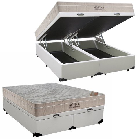 Cama Box Baú Queen Sintético Bipartido + Colchão Ortobom Airtech Molas Ensacadas 158x198x65:branco