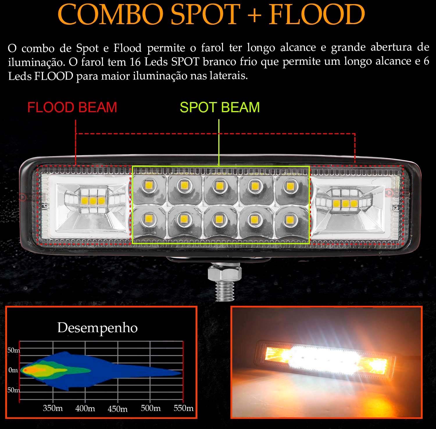 Farol de Milha Barra Aux 48w Led Branco Frio + Ambar Guincho Moto Carro Neblina C/ 3 Modos -strobo/p - 5