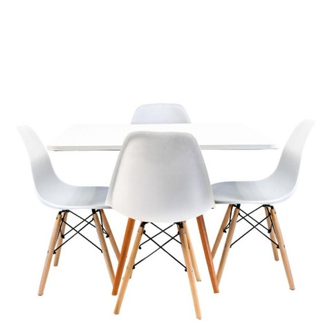 Conjunto Mesa Jantar Quadrada Eiffel 90x90cm Branco MDF + 4 Cadeiras Charles Eames Brancas
