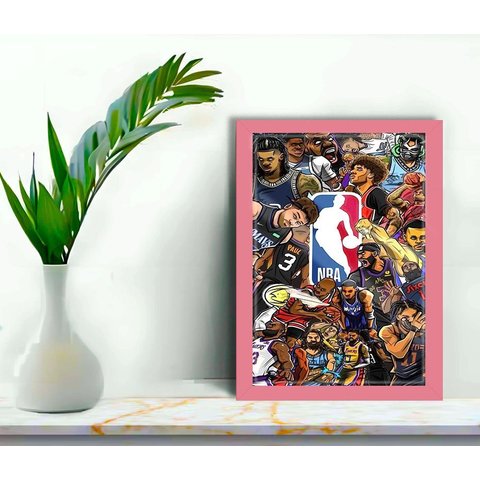 Quadro Decorativo Nba Cartoon + Vidro 33x25 Sala Escritório:rosa