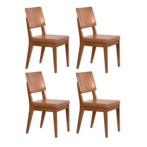 Conjunto com 4 Cadeiras de Madeira Maciça Estofada Ella - Natural C/ Pu Caramelo