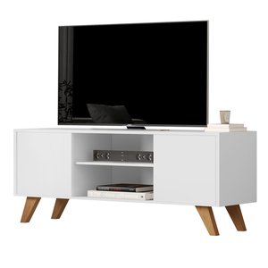 Rack Bancada para Sala de Estar Cor Branco com 2 Portas e Prateleiras