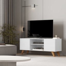 Rack Bancada para Sala de Estar Cor Branco com 2 Portas e Prateleiras - 4