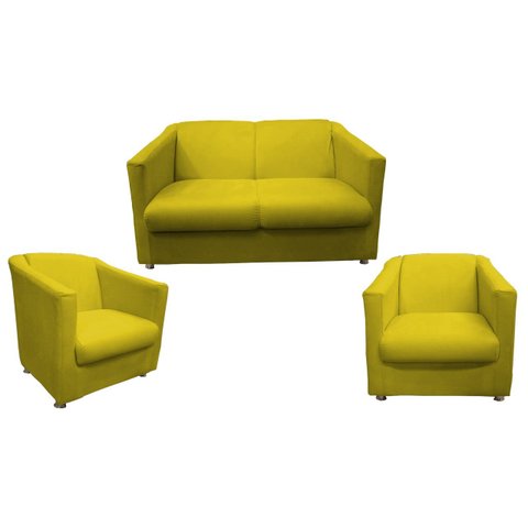 Kit Namoradeira + 2 Poltronas Decorativa Biane Couro Amarelo Pés Cromado Ms Decor