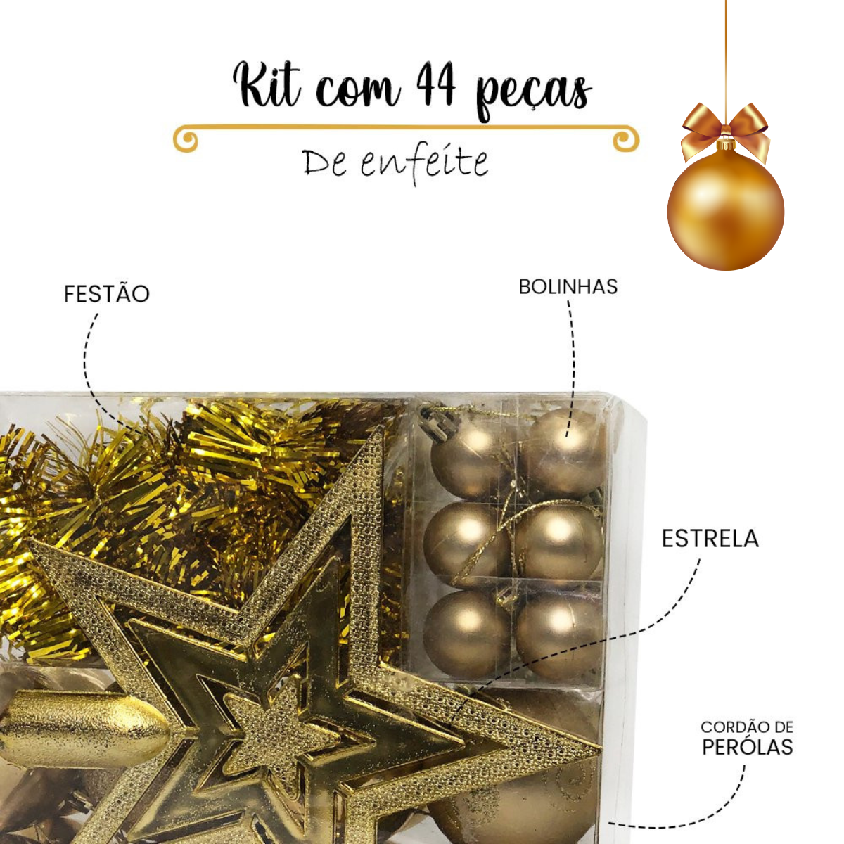Kit 44 Peças Enfeite Natalino Estrela Bolinhas Festão Cordão Cor:dourado - 3