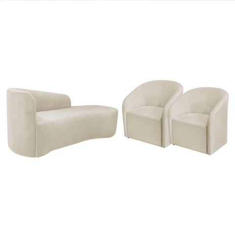 Kit Sofá Curvo França 140cm Ld. e 2 Poltronas Luiza Max Conforto, Bouclé Bege