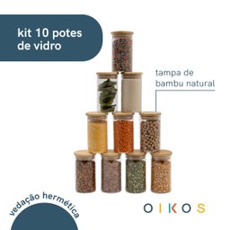 Kit 10 Potes de Vidro 300ml com Tampa de Bambu Herméticos Redondos - Oikos - 3
