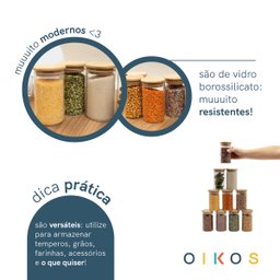 Kit 10 Potes de Vidro 300ml com Tampa de Bambu Herméticos Redondos - Oikos - 4