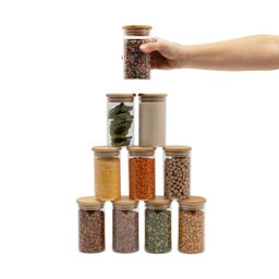 Kit 10 Potes de Vidro 300ml com Tampa de Bambu Herméticos Redondos - Oikos - 2