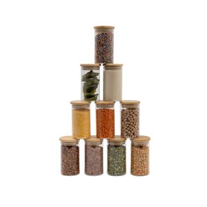 Kit 10 Potes de Vidro 300ml com Tampa de Bambu Herméticos Redondos - Oikos