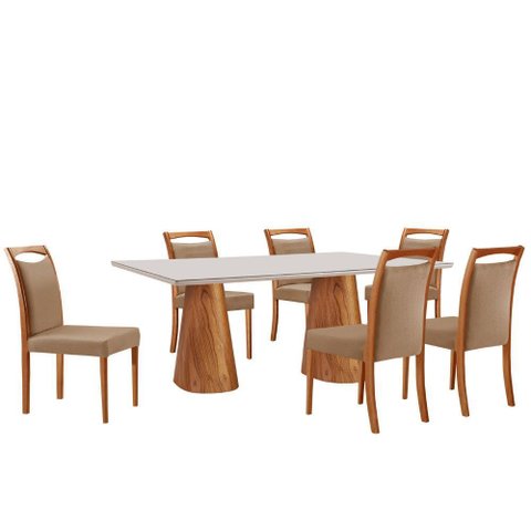 Mesa Noronha 180cm Tampo com Vidro Laqueado com 6 Cadeiras Munique