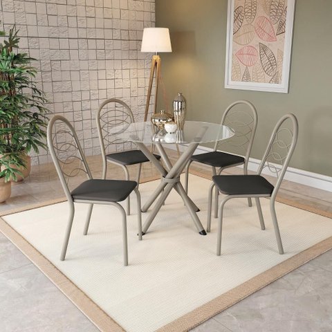 Conjunto Mesa Volga Tampo de Vidro Incolor 4 Cad Níquel/pt