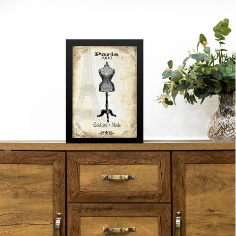 Quadro Vintage Moda Manequim Antigo 24x18cm - com Vidro:moldura Preta
