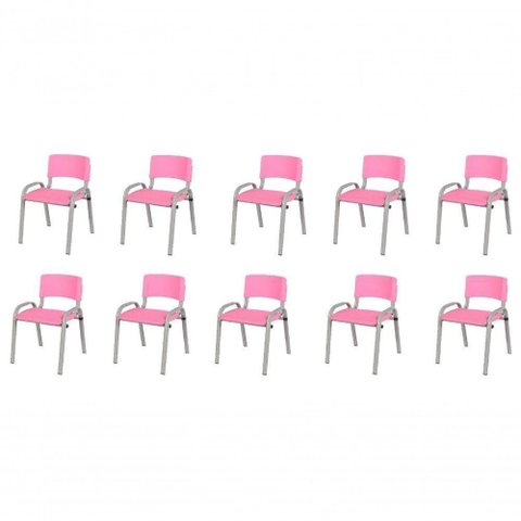 Kit 10 Cadeira Iso Infantil Creche, Base Cinza Rosa