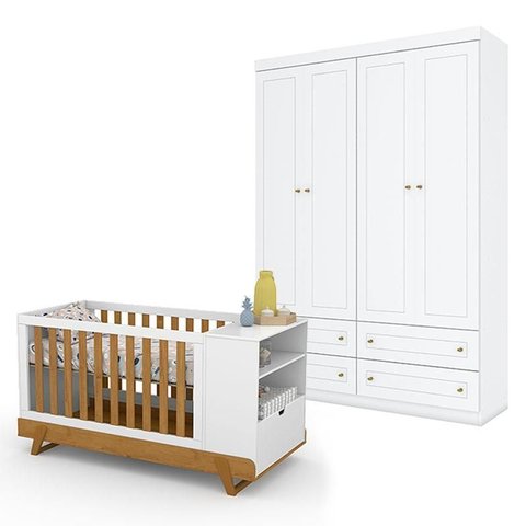 Berço Multifuncional Bkids Branco Freijó Eco Wood - Matic e Guarda Roupa Infantil Americano 4 Porta 