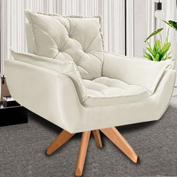 Poltrona Opala Giratória Base Madeira Suede - Navega Móveis Navega Móveis Opala Base Madeira Creme - 2