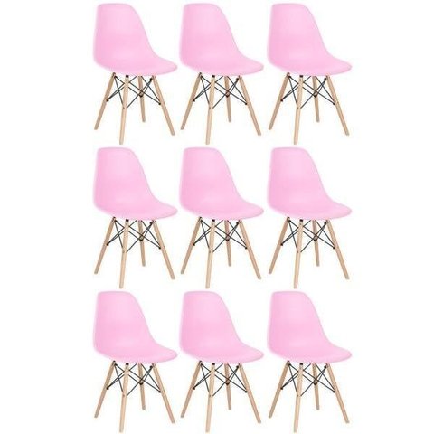 Kit 9 Cadeiras Charles Eames Eiffel Dsw - Base de Madeira Clara - Rosa Claro Multicolorido