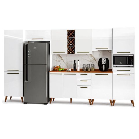 Armário de Cozinha Completa com Adega 11 Portas 4 Gavetas Favorita Branco/Nature