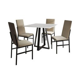 Conjunto de Jantar Mesa Mônaco Premium 90cm Branca com 4 Cadeiras Estofadas Bege Preto - 4