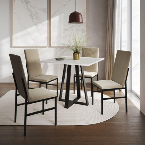 Conjunto de Jantar Mesa Mônaco Premium 90cm Branca com 4 Cadeiras Estofadas Bege Preto