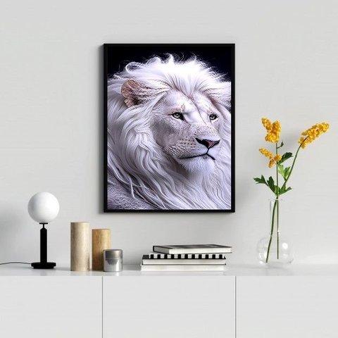 Quadro Decorativo Leão Branco 33x24cm:madeira Preta