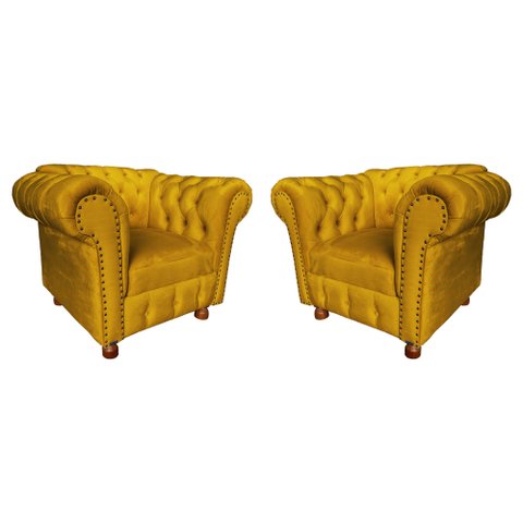 Kit 2 Poltronas Luis XV Chesterfield Capitone Suede Amarelo / decoração, TV, Sala estar