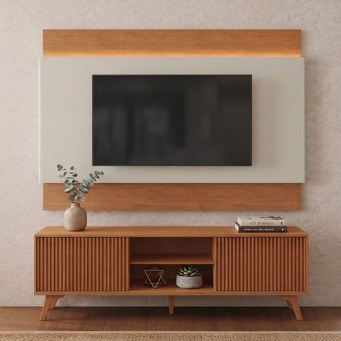 Rack com Painel para TV até 65 Polegadas 185cm x 196cm com LED MDF e Pés em Madeira Maciça Gaia