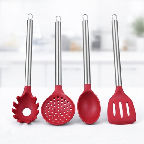 Jogo de Utensílios de Cozinha Silicone Premium Bordô Cabo Inox Elite 4 Peças