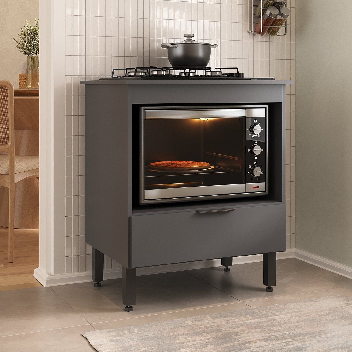 Balcão para Cooktop e Forno 70cm com Gaveta Yescasa Cinza/Grafite