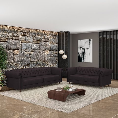 Conjunto de Sofá Sala de Estar Stanford Chesterfield 2 e 3 Lugares 180cm/260cm Pés Madeira Couro Bor