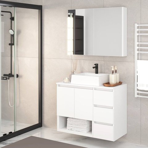 Gabinete de Banheiro 80cm Vitória com Espelheira e Cuba Branco