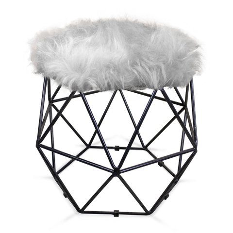 Puff Aramado Hexágono Pelucia Cinza Base Preto - D’Rossi