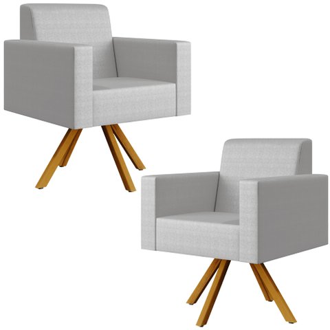Kit 02 Poltronas Decorativa Base Giratória de Madeira Helô L02 Facto Cinza Metalizado - Lyam