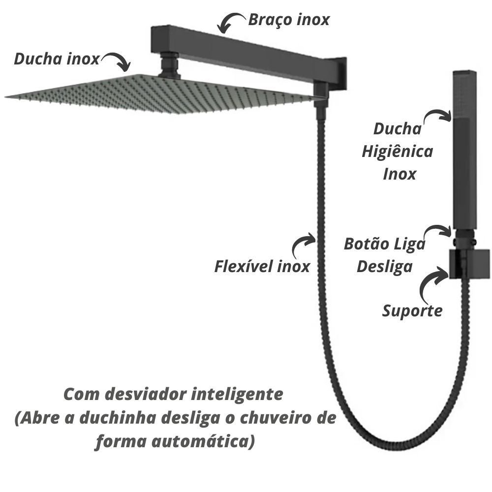 Ducha Chuveiro 30x30 Preto Fosco Inox Completo Com Desviador - 3