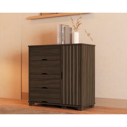 Cômoda Bela Castanho com 4 Gavetas e 1 Porta Sapateira de Mdf Estilo Ripado