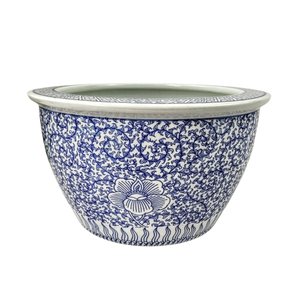 Vaso Cachepot Porcelana Azul e Branco Floral Arabesco 40cm