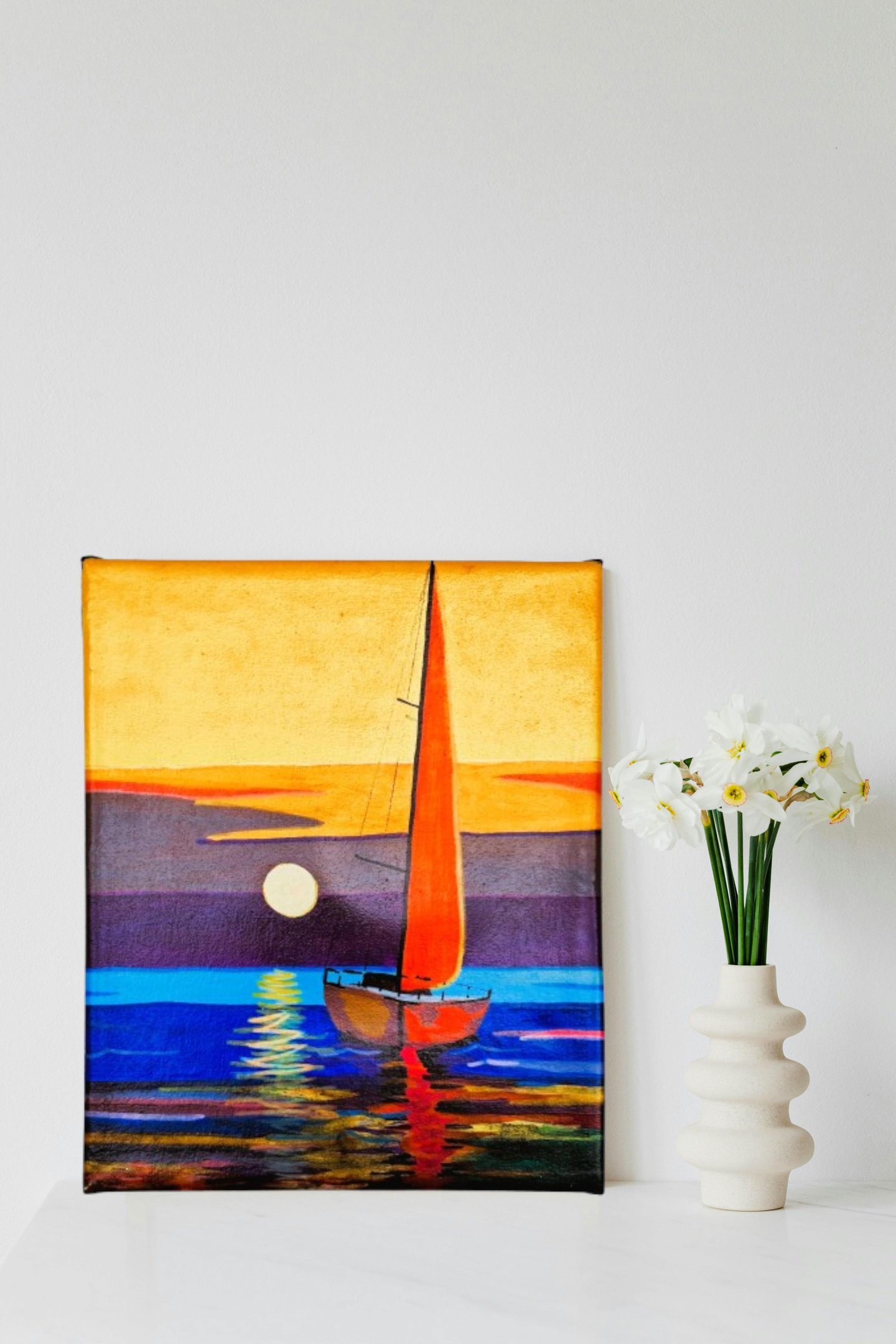 Mini Quadro  Artesanal Decorativo de Barco a Vela Pintado a Mão 30x25cm - 3