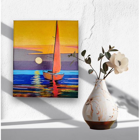 Mini Quadro  Artesanal Decorativo de Barco a Vela Pintado a Mão 30x25cm