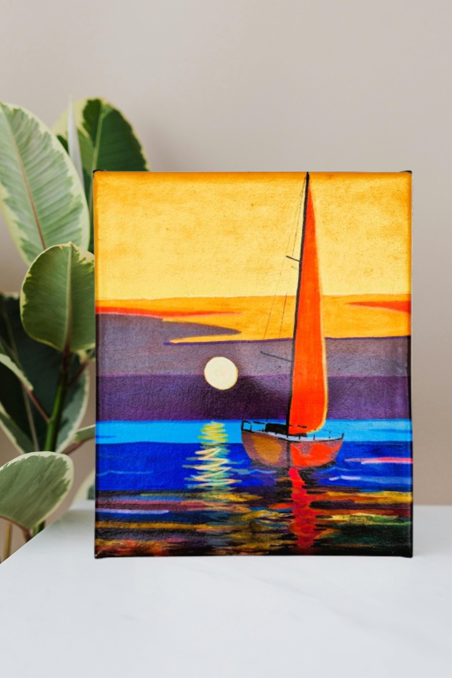 Mini Quadro  Artesanal Decorativo de Barco a Vela Pintado a Mão 30x25cm