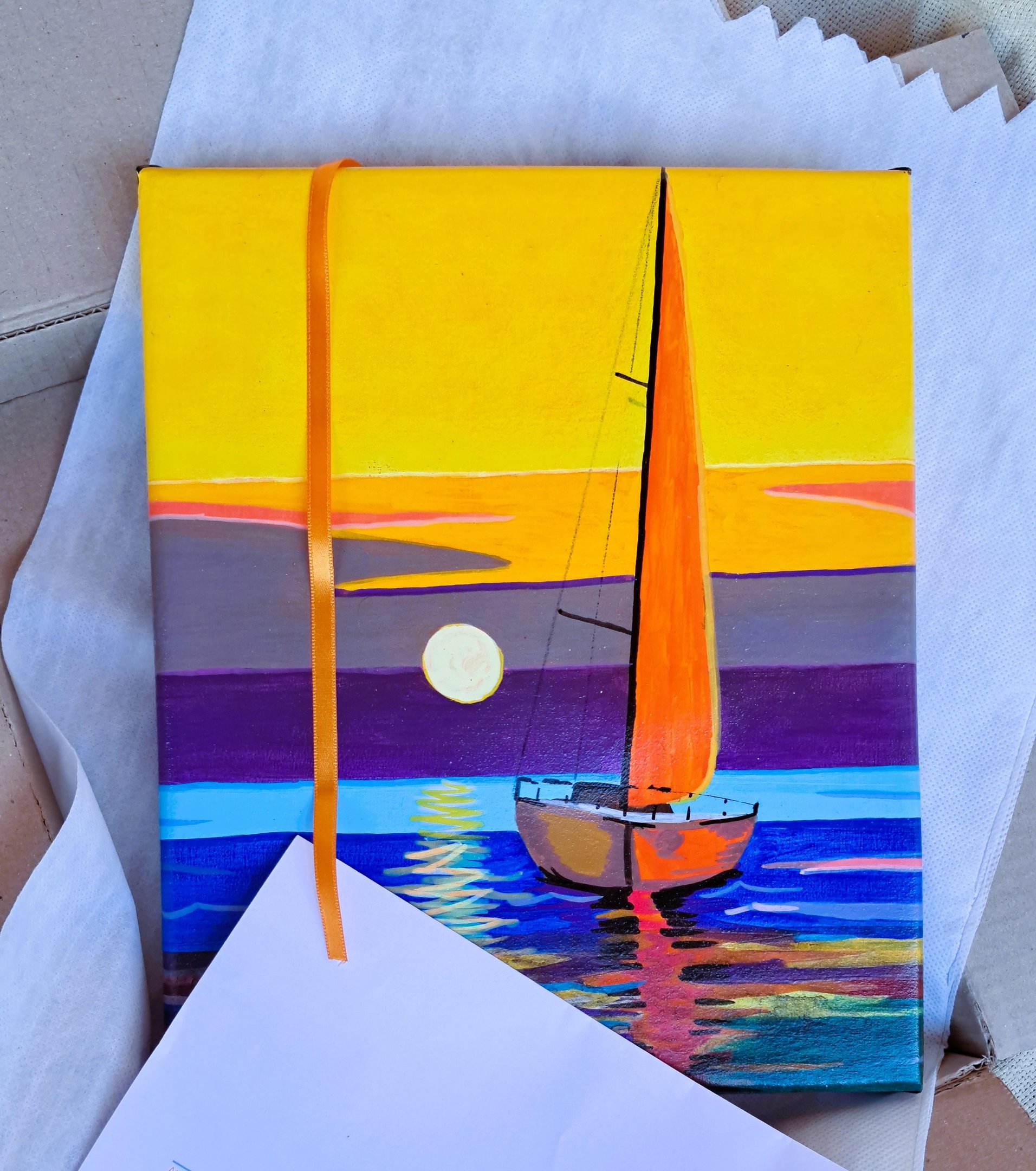 Mini Quadro  Artesanal Decorativo de Barco a Vela Pintado a Mão 30x25cm - 6