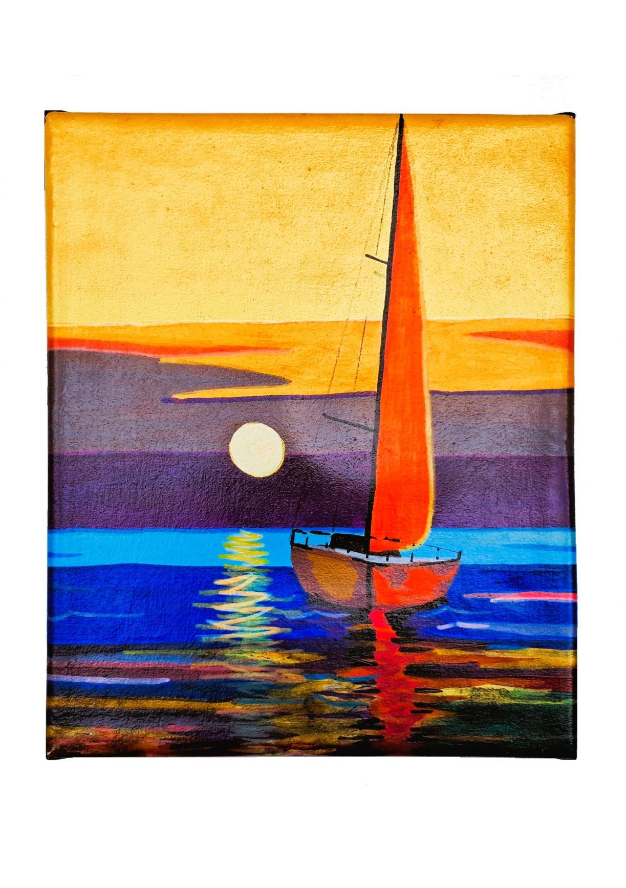 Mini Quadro  Artesanal Decorativo de Barco a Vela Pintado a Mão 30x25cm - 5