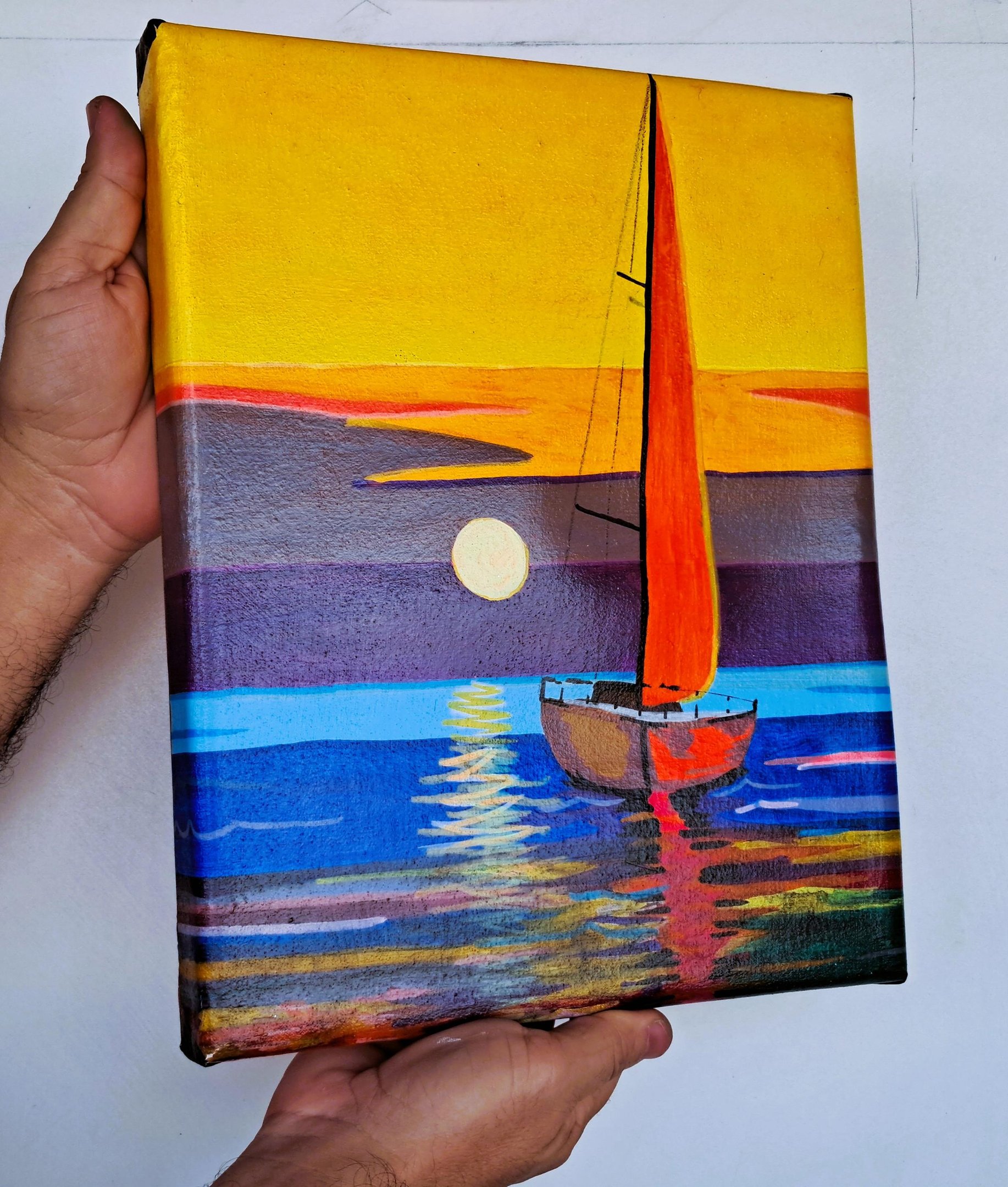 Mini Quadro  Artesanal Decorativo de Barco a Vela Pintado a Mão 30x25cm - 4