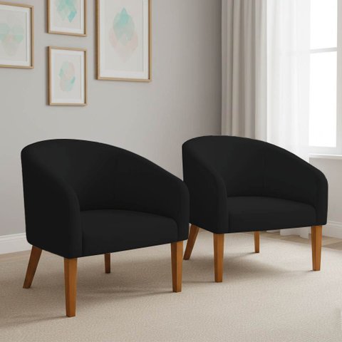 Poltrona Sala Decorativa Kit 2 Stella Pé Madeira Trapézio Castanho Veludo Preto D03 - D’Rossi